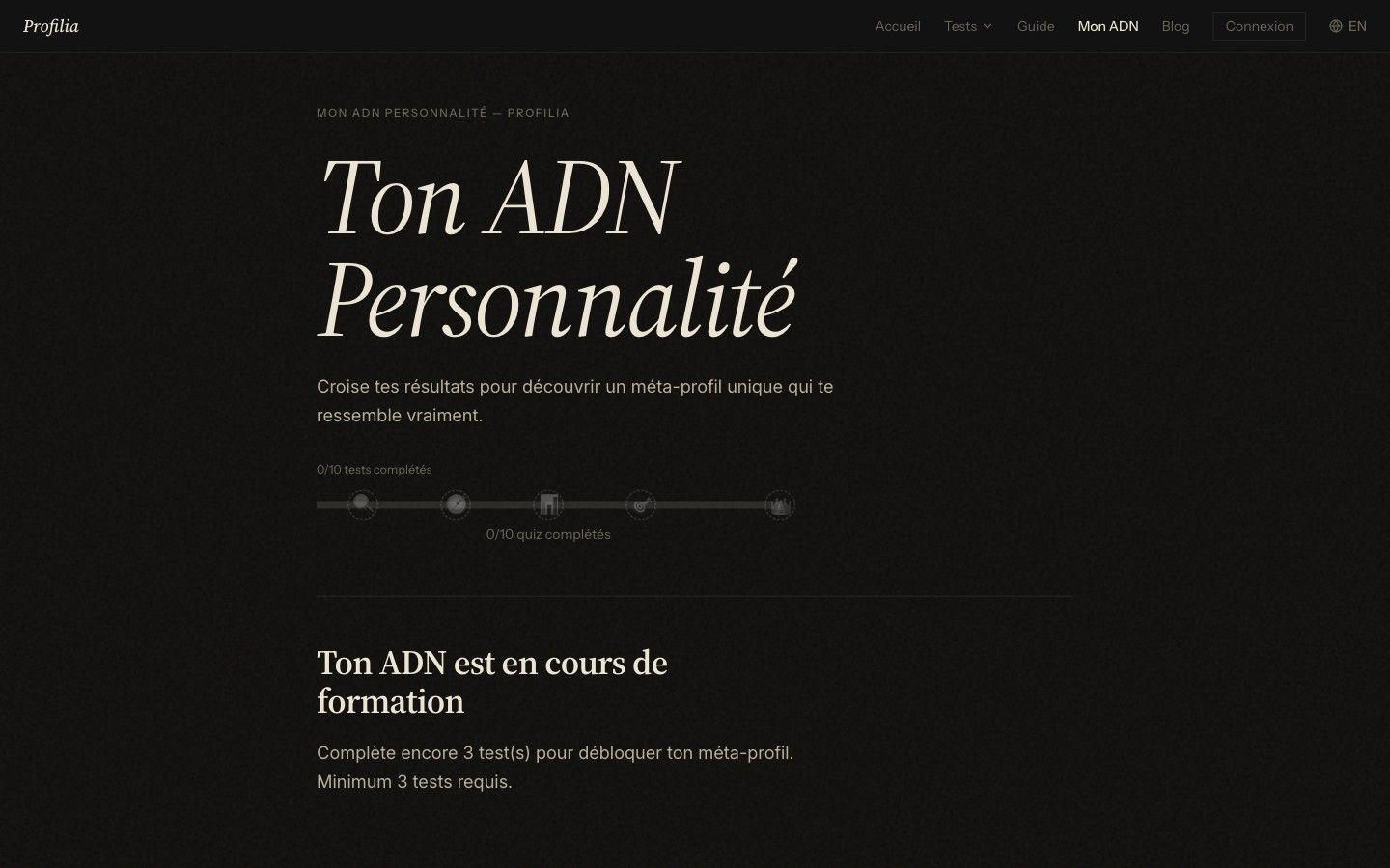 Page ADN personnalité avec progression 0/10