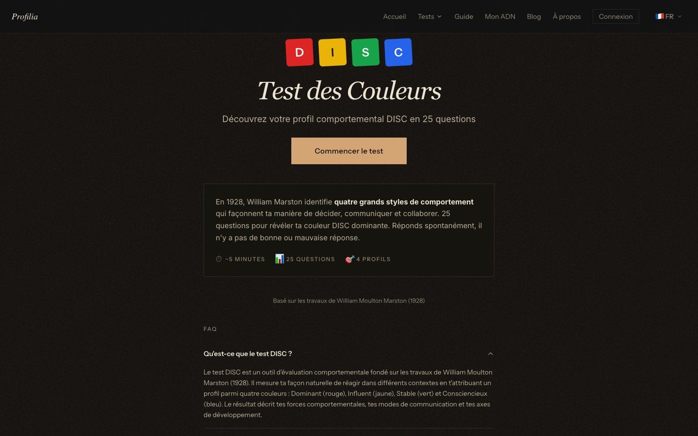 Landing du test DISC avec 4 couleurs