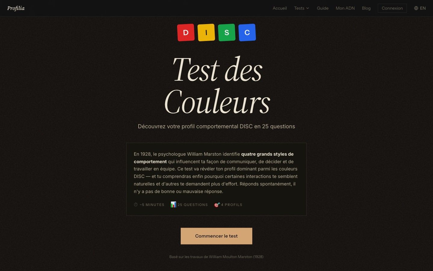 Landing du test DISC avec 4 couleurs