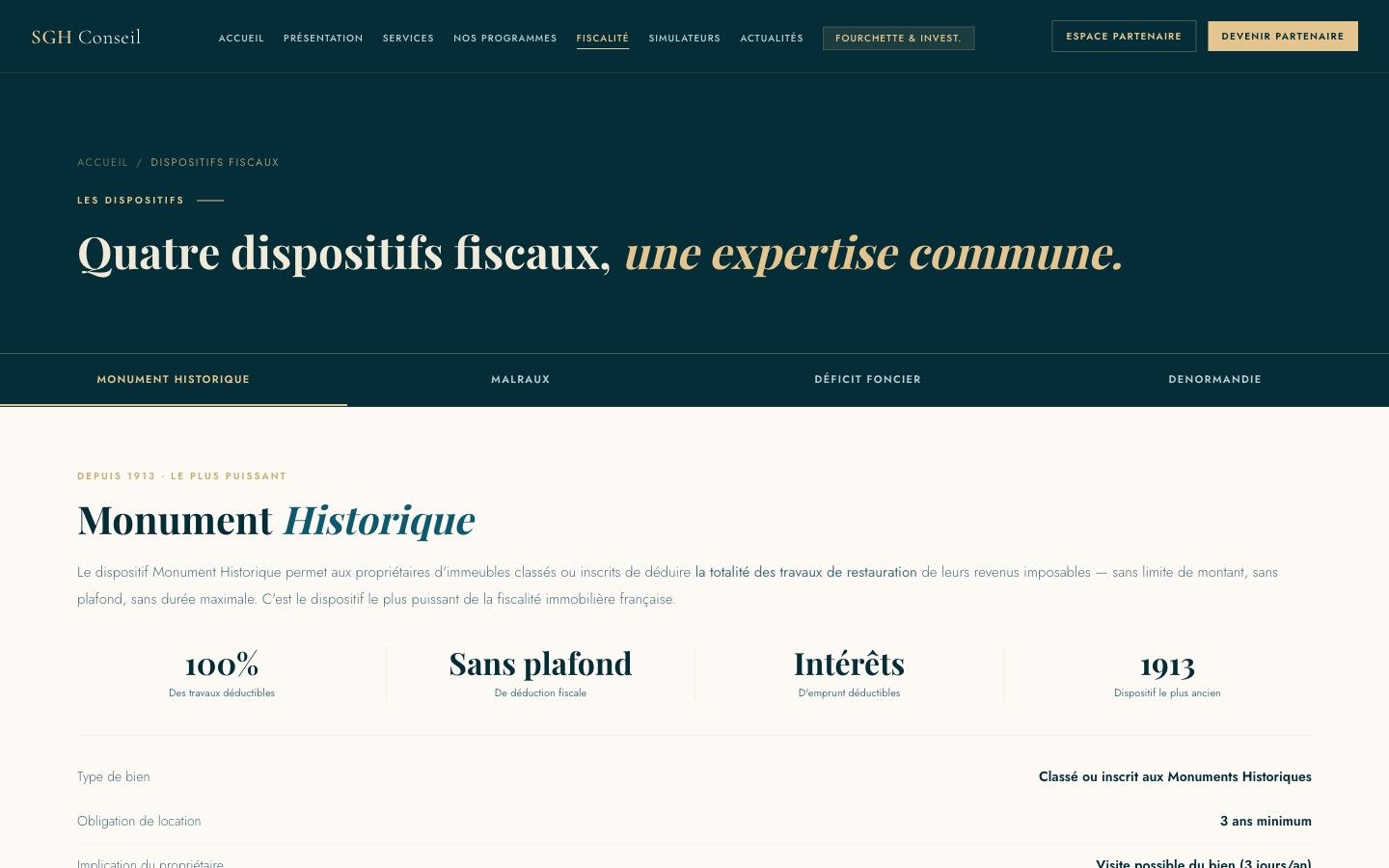 Page Dispositifs avec onglets Monument Historique, Malraux, Déficit Foncier, Denormandie