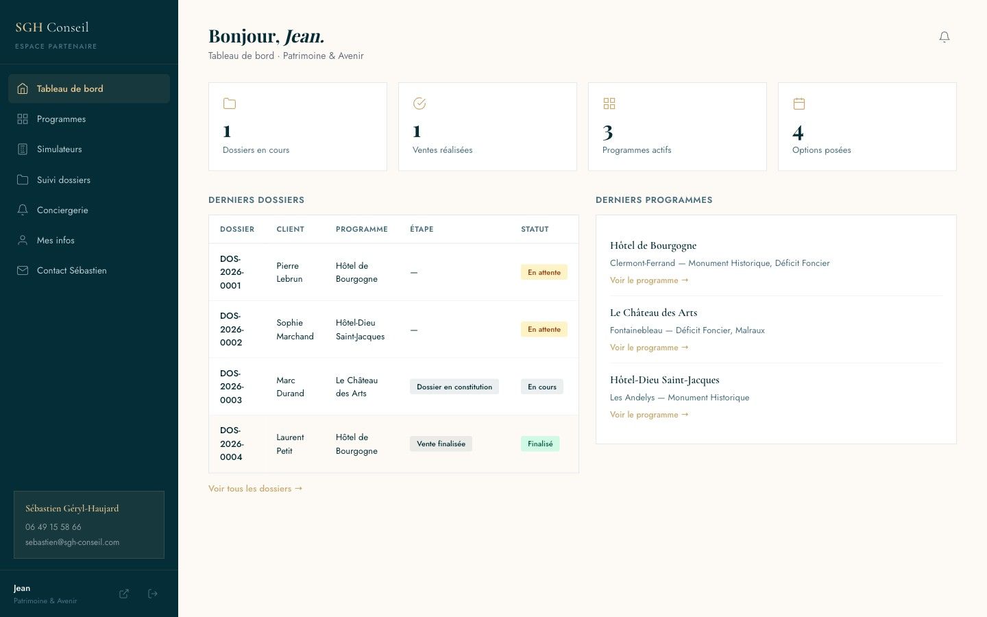 Dashboard partenaire avec compteurs dossiers et ventes, derniers dossiers et derniers programmes