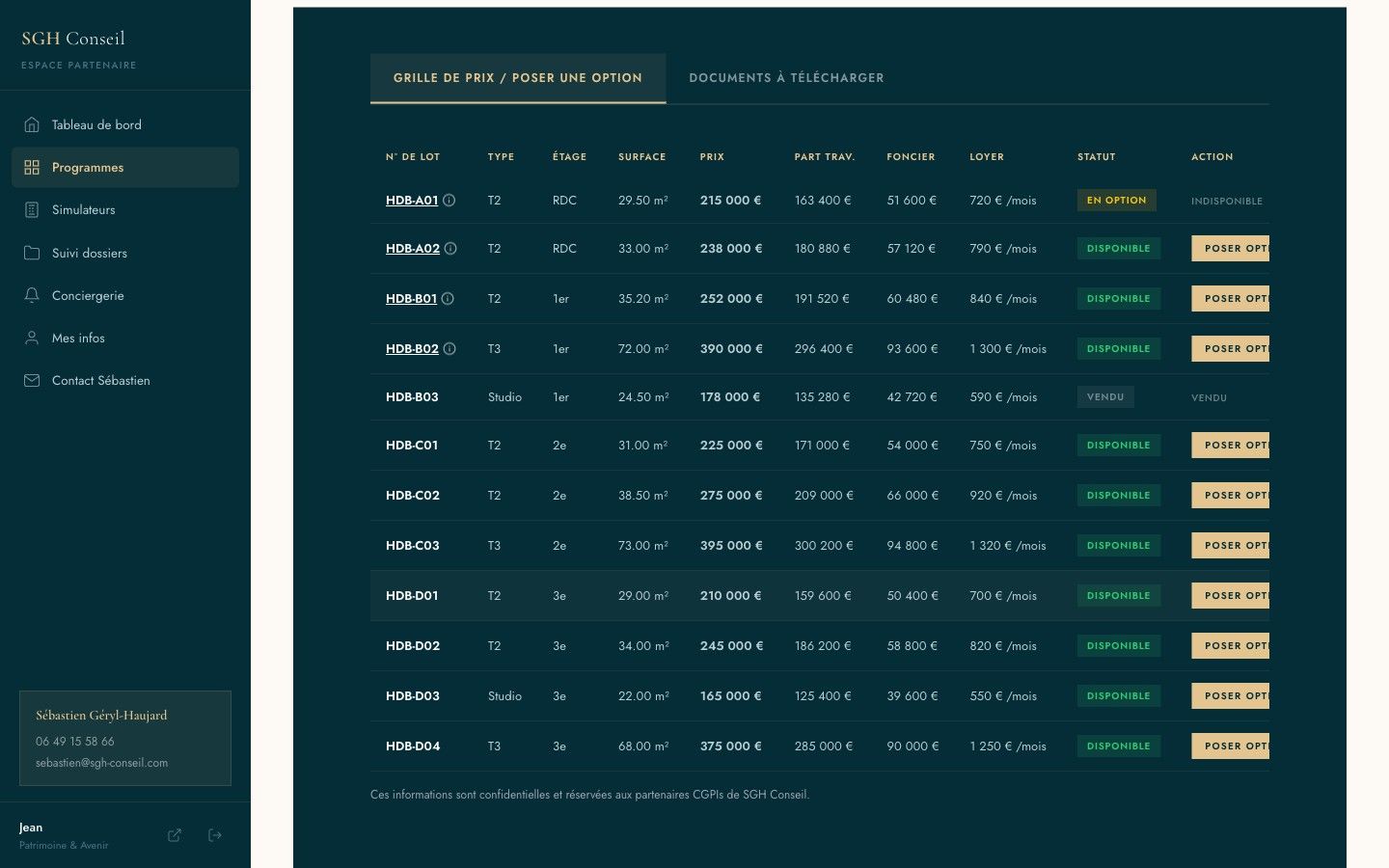 Grille de lots d'un programme : prix, part travaux, foncier, loyer, statuts et bouton Poser option