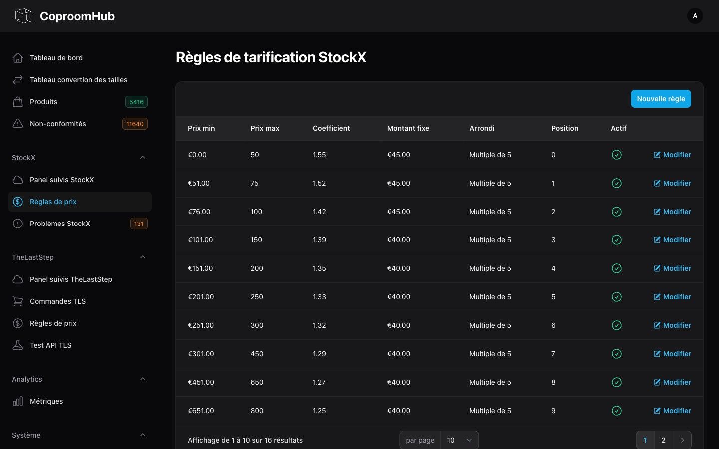Grille de règles de tarification StockX par tranche de prix, avec coefficient, montant fixe et arrondi