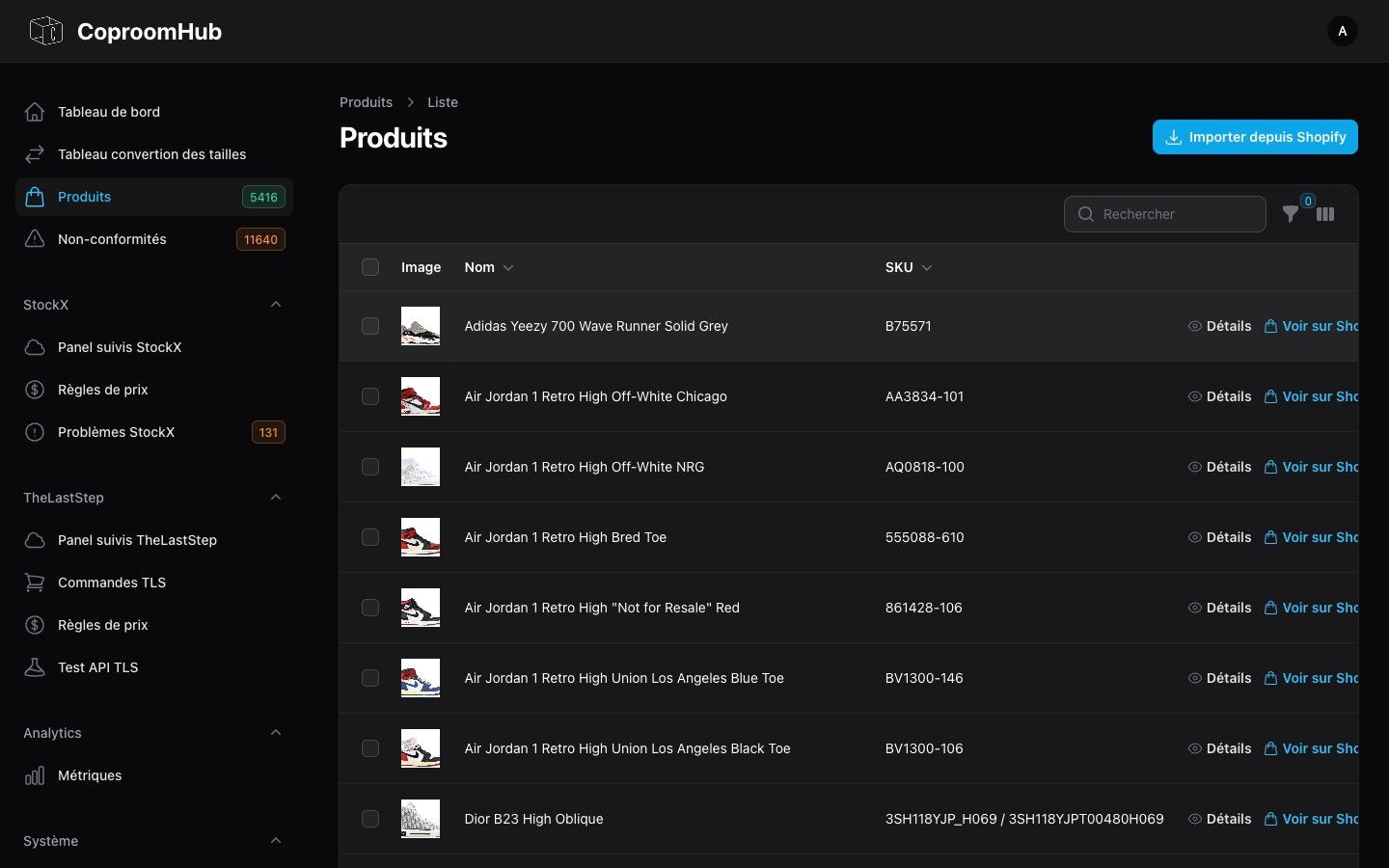 Listing Filament des 5 416 produits synchronisés avec Shopify, tri par nom et SKU