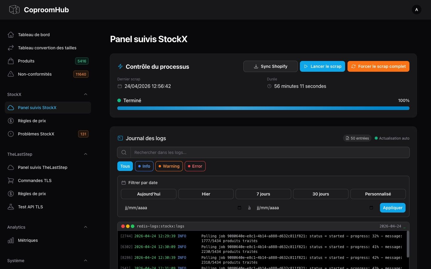 Panel de suivi StockX avec processus en cours, durée, progression et journal des logs live